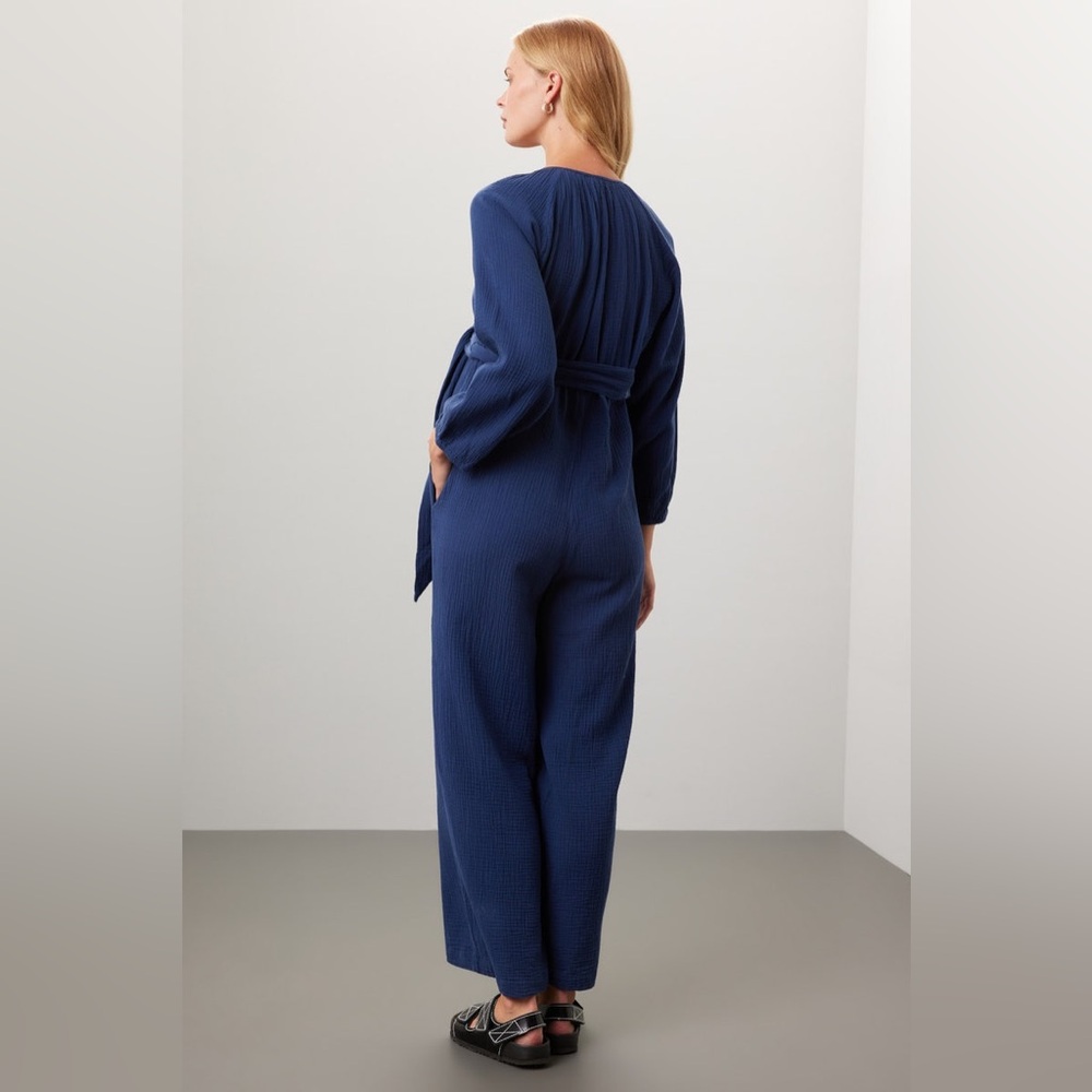 NOM ($128 retail) Navy Blue Maternity Jumpsuit 100% cotton super soft size small - Picture 5 of 8